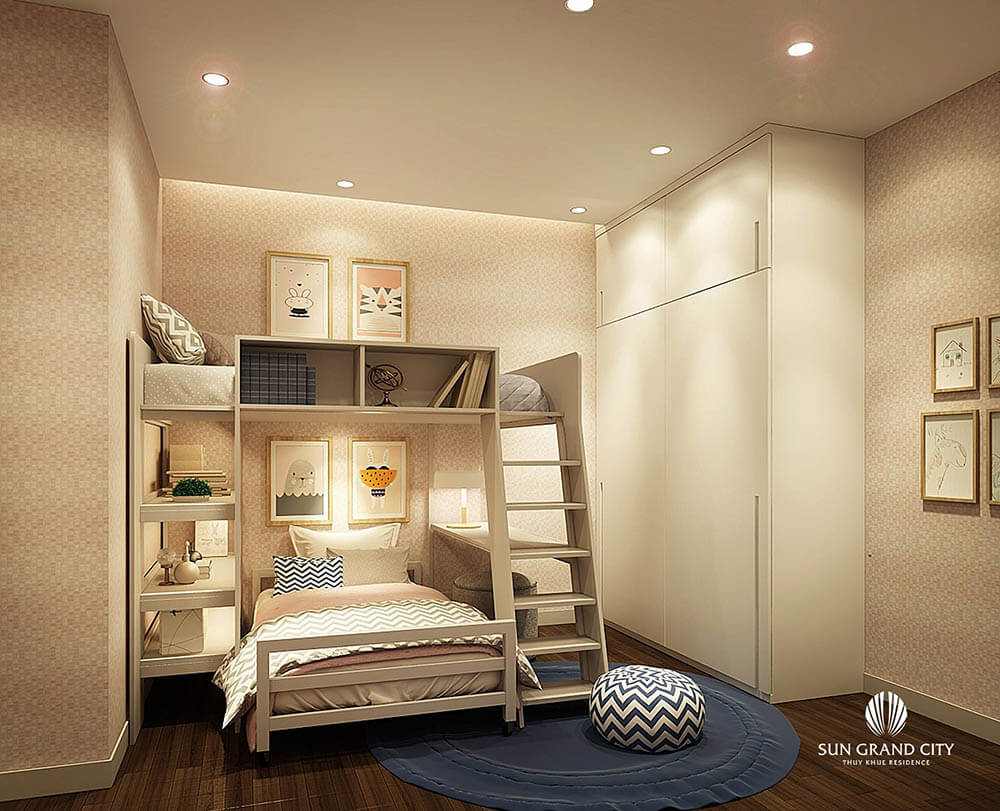 Phòng ngủ được thiết kế giường tầng rất phù hợp với sở thích của các bé.